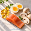 کمبود ویتامین دی؛ کپسول ویتامین D کنار تخم‌مرغ، ماهی سالمون و قارچ در نور آفتاب