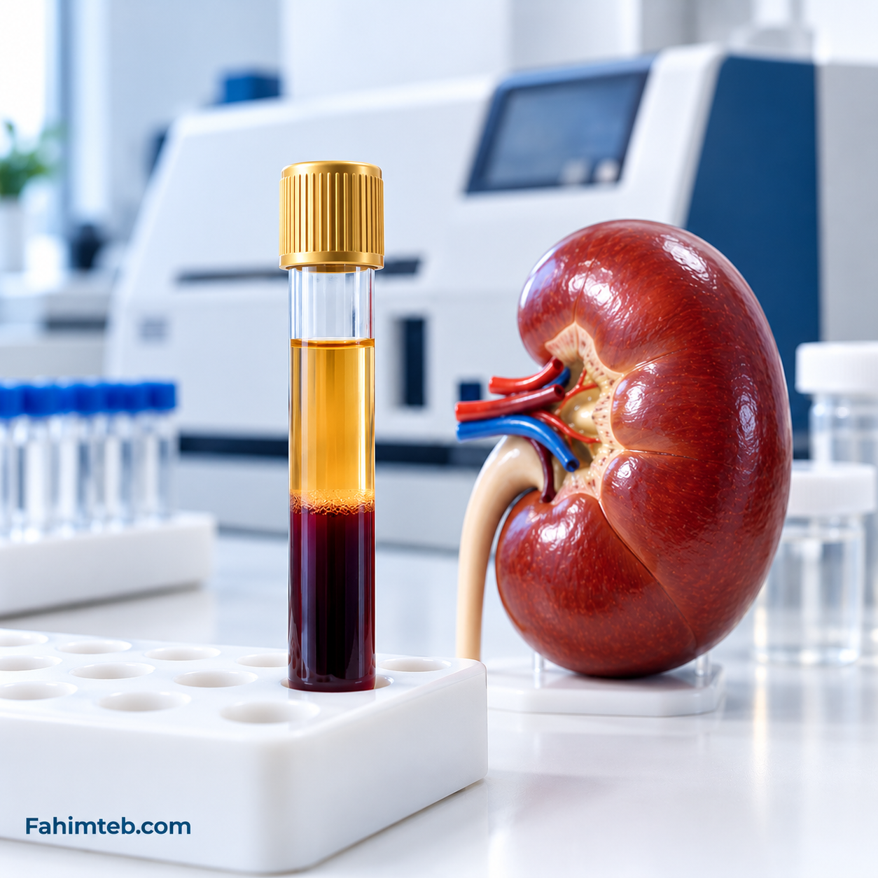 کراتین خون؛ لوله نمونه خون کنار مدل کلیه در آزمایشگاه برای اندازه‌گیری کراتینین و eGFR