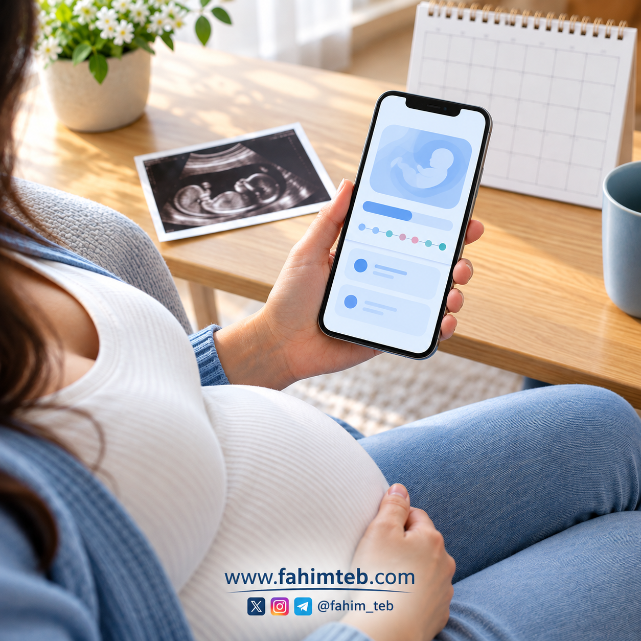 محاسبه سن بارداری آنلاین؛ مادر باردار در حال استفاده از ماشین‌حساب هفته بارداری روی گوشی