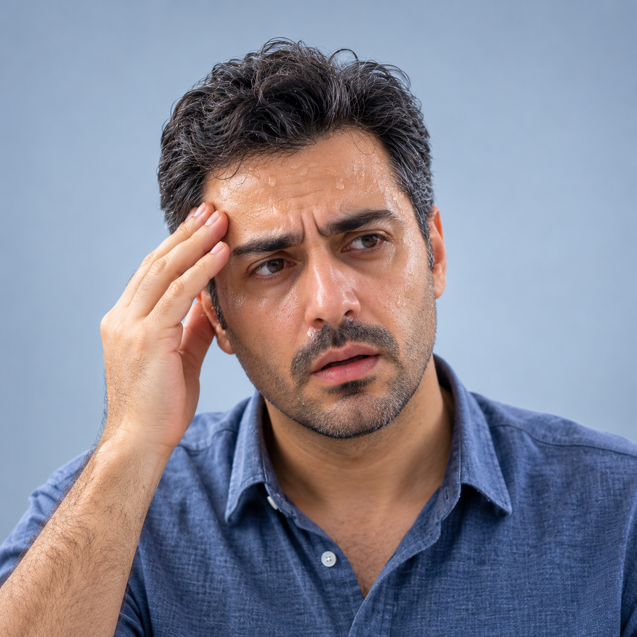 علائم قند خون پایین در چهره؛ تعریق پیشانی و لب بالا، نگاه خسته و دست روی شقیقه از سردرد